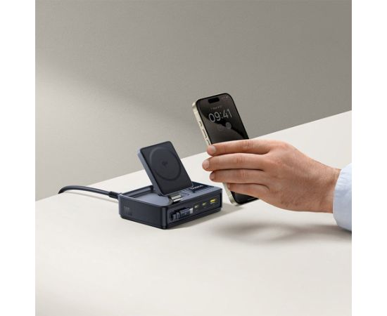 Baseus NOMOS 140W Qi2 5-в-1 Беспроводное зарядное устройство со сворачиваемым кабелем USB-C и цифровым дисплеем / чёрная Bezvadu telefonu lādētāji