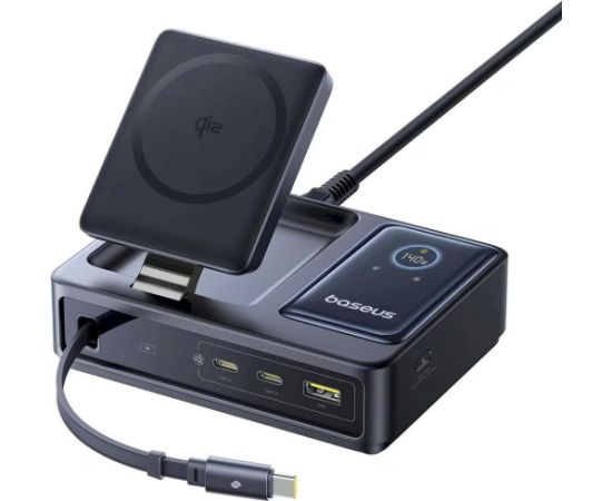 Baseus NOMOS 140W Qi2 5-в-1 Беспроводное зарядное устройство со сворачиваемым кабелем USB-C и цифровым дисплеем / чёрная Bezvadu telefonu lādētāji