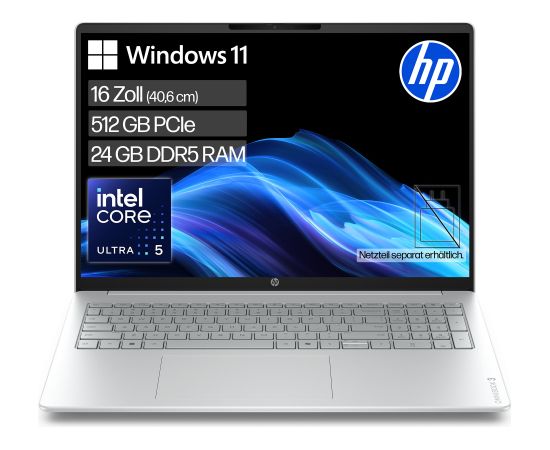 HP OmniBook 3 16-bu0055ngx (silver, Intel® Core? Ultra 5 225U, Intel® Graphics, 24 GB DDR5, 512 GB (512 GB SSD), Windows 11 Home) - German - DE Layout Ноутбуки