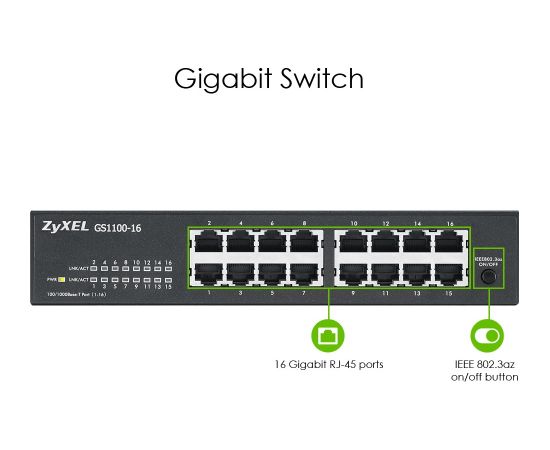 Zyxel GS1100-16 Unmanaged Gigabit Ethernet (10/100/1000) Black Коммутаторы (Switch)