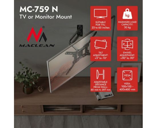 Maclean TV or Monitor Mount / Bracket, max. 23–65", max. load 30 kg, universal, max. VESA 400x400, MC-759 N TV un monitoru stiprinājumi, kronšteini