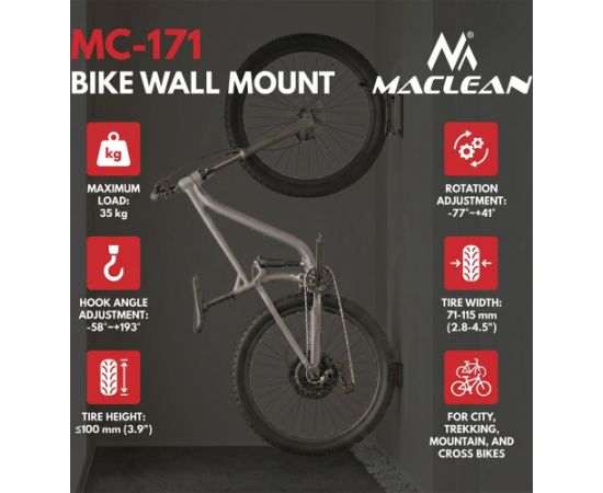 Maclean Wall-Mounted Bike Rack / Hanger, max. load 35 kg, adjustable tilt angle, steel, MC-171 Велосипеды