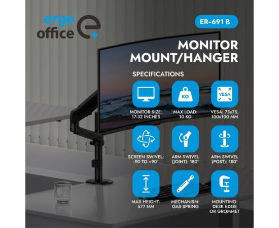 Ergo Office Monitor Mount/Hanger, Gas Spring, 17"-32", 1-10 kg, Matte Black, Max. VESA 100x100, ER-691 B TV un monitoru stiprinājumi, kronšteini