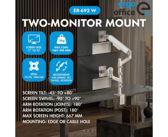 Ergo Office Mount/Hanger for 2 Monitors, Gas Spring, 17"-32", 1-10 kg, Matte White, ER-692 W TV un monitoru stiprinājumi, kronšteini