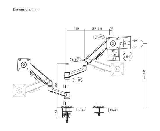 Ergo Office Mount/Hanger for 2 Monitors, Gas Spring, 17"-32", 1-10 kg, Matte White, ER-692 W TV un monitoru stiprinājumi, kronšteini