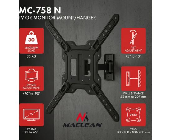 Maclean TV or Monitor Mount / Bracket, max. 23–65", max. load 30 kg, universal, max. VESA 400x400, MC-758 N TV un monitoru stiprinājumi, kronšteini