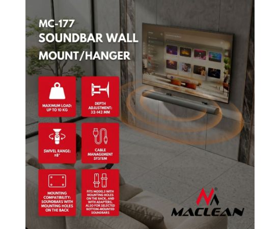 Ergo Office Maclean Soundbar Wall Mount / Bracket, angle adjustment +8°–8°, max. load 10 kg, made of steel, MC-177 TV un monitoru stiprinājumi, kronšteini