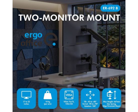 Ergo Office Mount / Holder for 2 Monitors, Gas Spring, 17"-32", 1-10 kg, Matte Black, ER-692 B TV un monitoru stiprinājumi, kronšteini