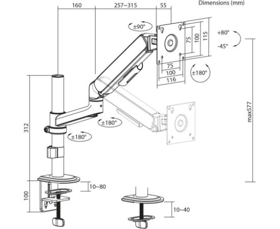 Ergo Office Monitor Mount/Hanger, Gas Spring, 17"-32", 1-10 kg, Matte White, Max. VESA 100x100, ER-691 W TV un monitoru stiprinājumi, kronšteini