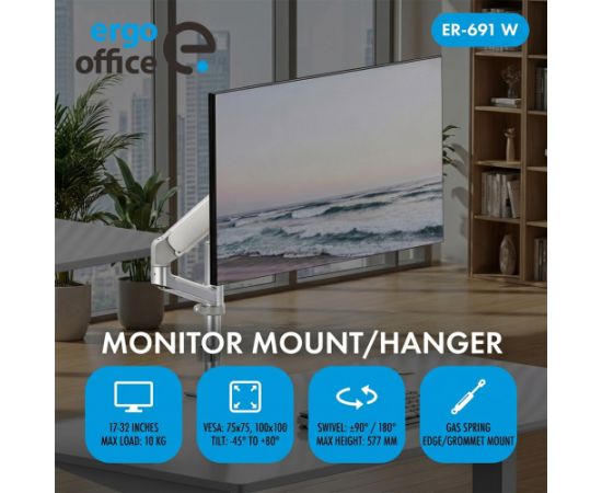 Ergo Office Monitor Mount/Hanger, Gas Spring, 17"-32", 1-10 kg, Matte White, Max. VESA 100x100, ER-691 W TV un monitoru stiprinājumi, kronšteini