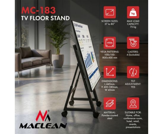 Maclean TV Cart / Floor Stand, 37–80", max. VESA 800x400, max. 75 kg, mobile, wheel lock, MC-183 TV un monitoru stiprinājumi, kronšteini