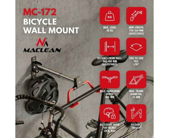 Maclean Horizontal Wall-Mounted Bike Rack, Steel, Max. Load 30 kg, Adjustable Angle, MC-172 Велосипеды