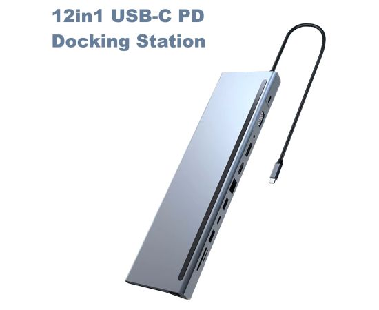 RoGer MST dokstacija 12in1 PD Klēpjdatora dokstacija USB-C uz HDMI / DisplayPort / VGA / USB-C PD / 3x USB / Audio / LAN / SD/TF Dokstacijas portatīvajiem datoriem