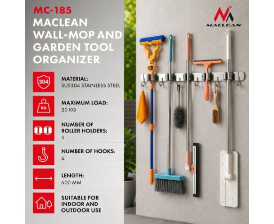 Maclean wall-mounted organizer for garden tools and mops, steel, with hooks, max. load 20 kg, width 60 cm, MC-185 Priekšnama mēbeles