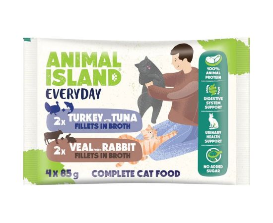 ANIMAL ISLAND Veal / Rabbit & Turkey / Tuna Fillets in broth - wet cat food - 4x85g Barība
