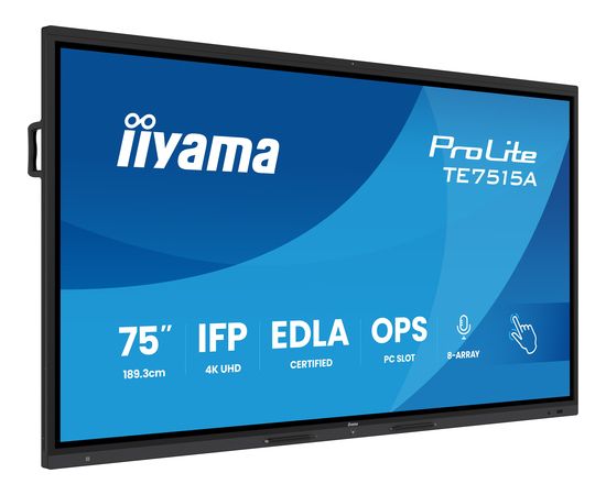 Interaktīvā sistēma iiyama TE7515A-B1AG digitālais reklāmas displejs Plakanā digitālā reklāmas panelis 189,2 cm (74.5") Wi-Fi 550 cd/m 4K Ultra HD Black Skārienjūtīgs ekrāns Iebūvēts procesors Android Monitori