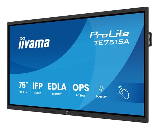 Interaktīvā sistēma iiyama TE7515A-B1AG digitālais reklāmas displejs Plakanā digitālā reklāmas panelis 189,2 cm (74.5") Wi-Fi 550 cd/m 4K Ultra HD Black Skārienjūtīgs ekrāns Iebūvēts procesors Android Monitori