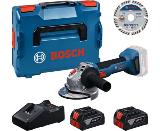 Bosch akumulatora leņķa slīpmašīnas komplekts 0615A500E7 ar diviem 4.0 Ah akumulatoriem, 125 mm griešanas disku un L-BOXX Slīpmašīnas