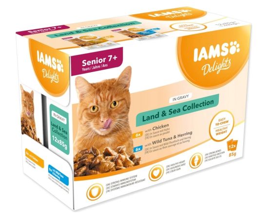 Eukanuba IAMS DELIGHTS Senior Land & Sea Collection in Gravy box – wet cat food – 12x85g Barība