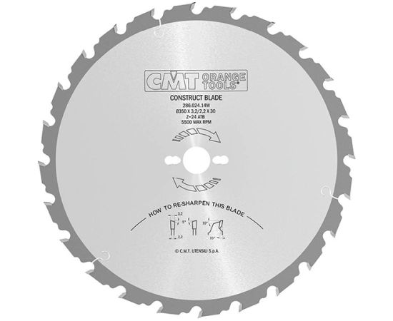 Griešanas disks kokam CMT 286; 350x3,2x30; Z24; 15° Zāģripas