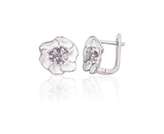 Серебряные серьги на английском замке #2204321(PRh-Gr)_CZ+ML-W, Серебро 925°, родий (покрытие), Цирконы, Ювелирная эмаль, 4.3 гр. Ar "angļu" slēdzēju