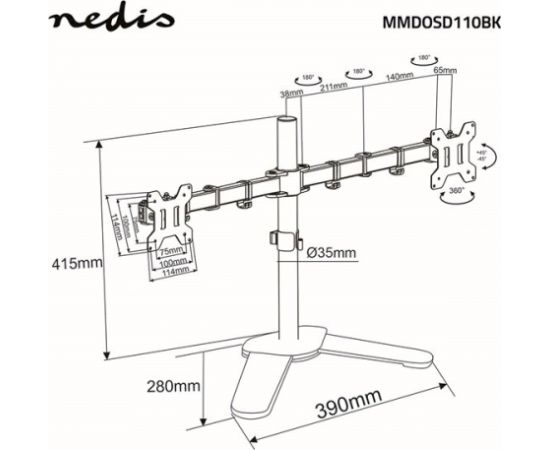 Nedis MMDOSD110BK Galda monitora stiprinājums 2 ekrāniem 15–32" 75 x 75/100 x 100 (pilna kustība) TV un monitoru stiprinājumi, kronšteini