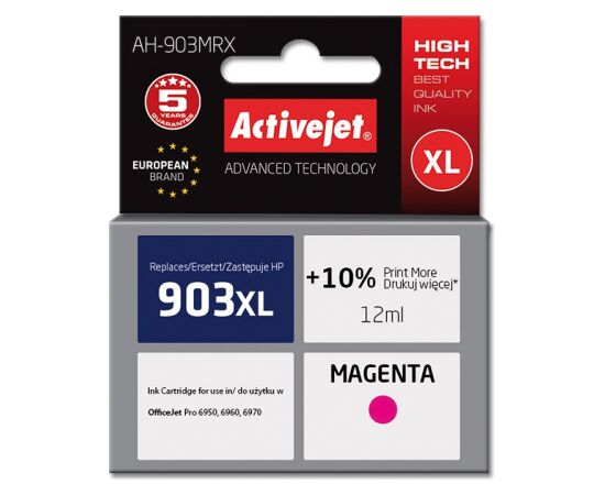 Activejet AH-903MRX Ink (replacement for HP 903XL T6M07AE; Premium; 12 ml; magenta) Tintes printeru izejmateriāli