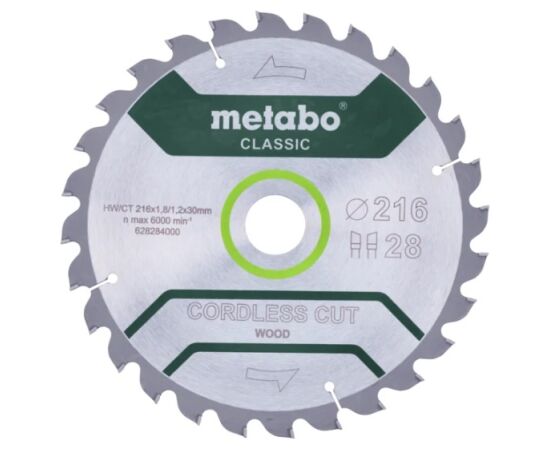 Griešanas disks kokam Metabo 628284000; 216x30 mm; Z28 Zāģripas