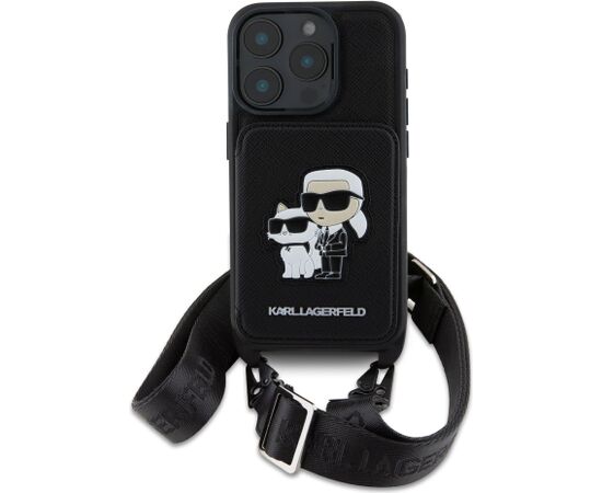 Karl Lagerfeld Saffiano Crossbody Strap Karl and Choupette Case Aizsargapvalks priekš iPhone 16 Pro / melns Neoriģinālie Maciņi