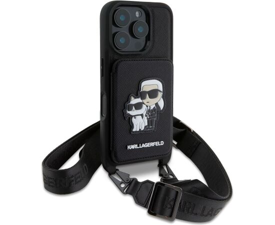 Karl Lagerfeld Saffiano Crossbody Strap Karl and Choupette Case Aizsargapvalks priekš iPhone 16 Pro / melns Neoriģinālie Maciņi