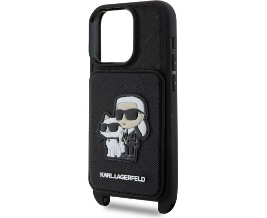 Karl Lagerfeld Saffiano Crossbody Strap Karl and Choupette Case Aizsargapvalks priekš iPhone 16 Pro / melns Neoriģinālie Maciņi