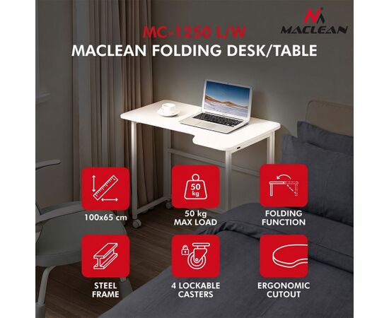 Maclean Folding Desk, White, Mobile, 100x65 cm, max. 50 kg, Corner, L-Shaped, MC-1250 L/W Jaunumi -Dārzam
