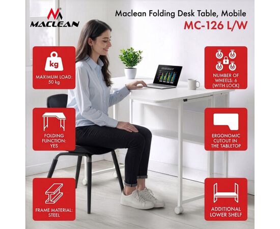 Maclean Folding Desk/Table, White, Mobile, 100x73 cm, max. 50 kg, Corner, L-Shaped, MC-126 L/W Jaunumi -Dārzam