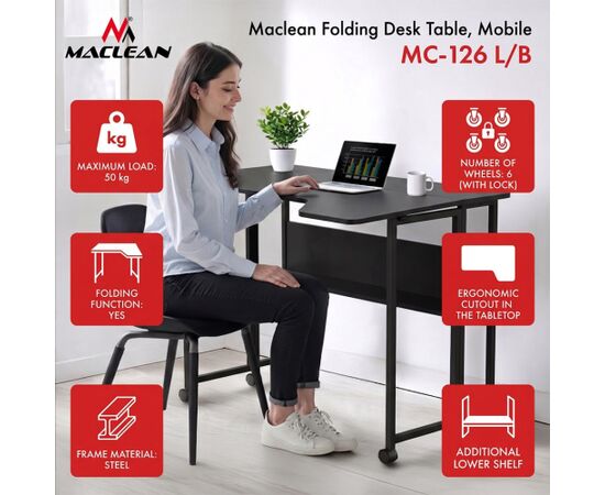 Maclean Folding Desk/Table, Black, Mobile, 100x73 cm, max. 50 kg, Angled, L-Shaped, MC-126 L/B Jaunumi -Dārzam