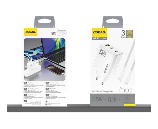 Charger Dudao A29C GaN 65W 2xUSB-C/USB-A + USB-C to USB-C cable 1.0m white Telefonu lādētāji 220v