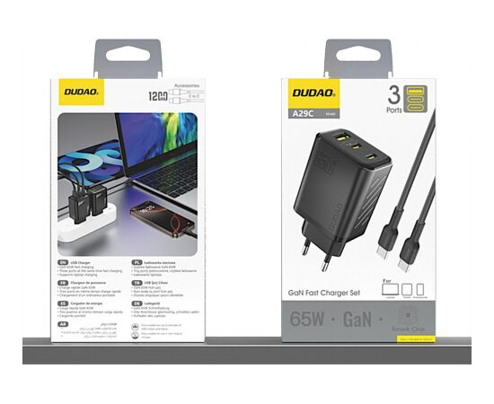 Charger Dudao A29C GaN 65W 2xUSB-C/USB-A + USB-C to USB-C cable 1.0m black Telefonu lādētāji 220v