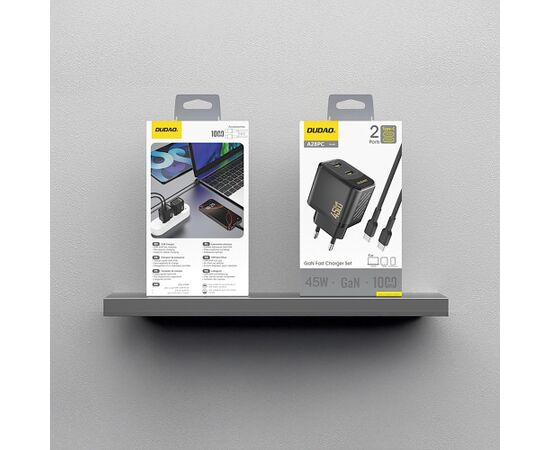 Charger Dudao A28PC GaN 45W 2xUSB-C + USB-C to USB-C cable 1.0m black Telefonu lādētāji 220v