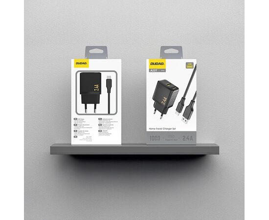 Charger Dudao A23T 12W USB-A + USB-A to USB-C cable 1.0m black Telefonu lādētāji 220v