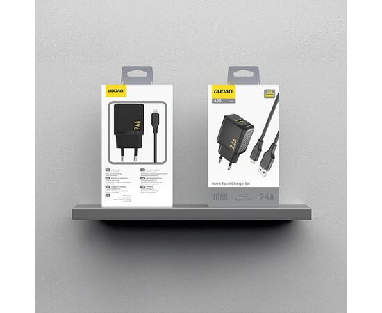 Charger Dudao A23L 12W USB-A + USB-A to Lightning cable 1.0m black Telefonu lādētāji 220v