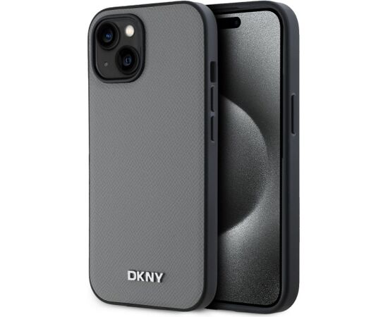 DKNY -  DKNY PU Leather Silver Metal Logo Magsafe Case for iPhone 13 Grey Neoriģinālie Maciņi
