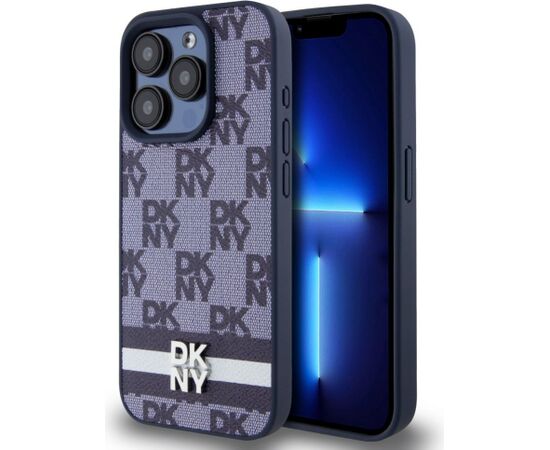 DKNY -  DKNY PU Leather Checkered Pattern and Stripe Case for iPhone 15 Pro Max Blue Чехлы - альтернативные