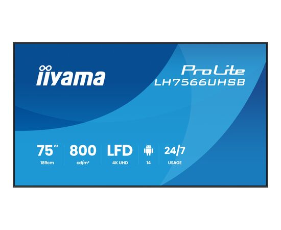 Monitors iiyama 189.0cm (75") 16:9 2xHDMI+USB-C VA (LH7566UHSB-B1AG) Monitori