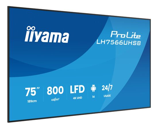Monitors iiyama 189.0cm (75") 16:9 2xHDMI+USB-C VA (LH7566UHSB-B1AG) Monitori