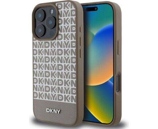 DKNY Apple  iPhone 16 Pro Max PU Leather Repeat Pattern Bottom Stripe MagSafe Case Brown Чехлы - альтернативные