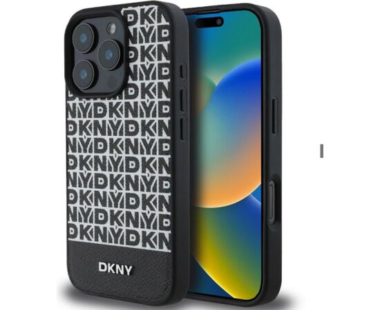 DKNY Apple  iPhone 16 Pro Max PU Leather Repeat Pattern Bottom Stripe MagSafe Case Black Чехлы - альтернативные