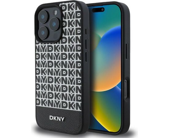 DKNY Apple  iPhone 16 Pro PU Leather Repeat Pattern Bottom Stripe MagSafe Case Black Чехлы - альтернативные