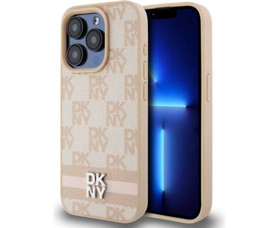 DKNY -  DKNY PU Leather Checkered Pattern and Stripe Case for iPhone 13 Pro Pink Neoriģinālie Maciņi