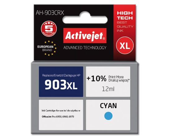 Activejet AH-903CRX Ink (replacement for HP 903XL T6M03AE; Premium; 12 ml; cyan) Tintes printeru izejmateriāli