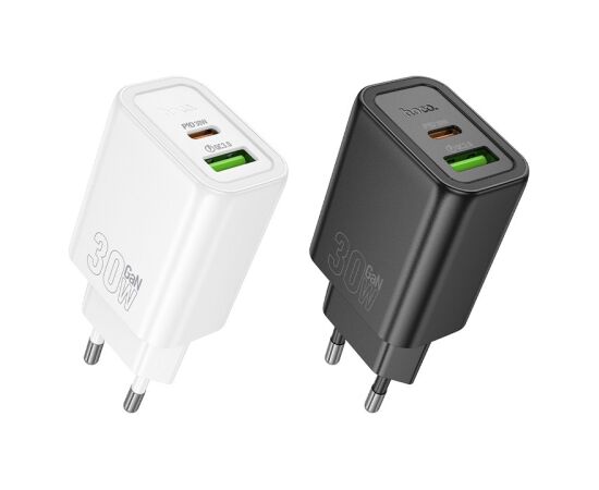 Charger Hoco N63 30W GaN USB-C/USB-A black Telefonu lādētāji 220v