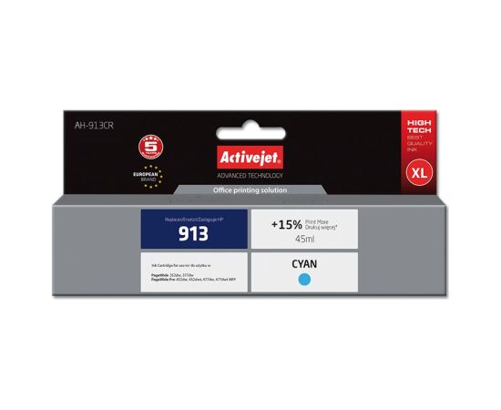Activejet AH-913CR ink (replacement for HP 913 F6T77AE; Premium; 45 ml; cyan) Tintes printeru izejmateriāli